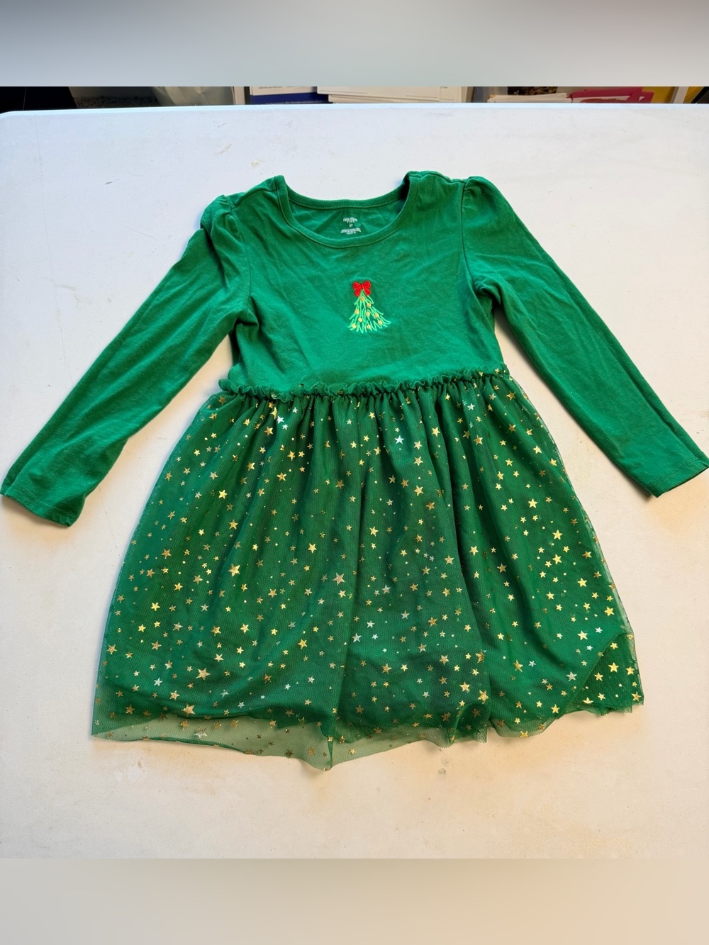 Holiday Time Green Long-Sleeve Dress with Gold Stars